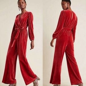 Anthropologie ALI & JAY Vibrant Red Samantha Velvet Jumpsuit size Medium